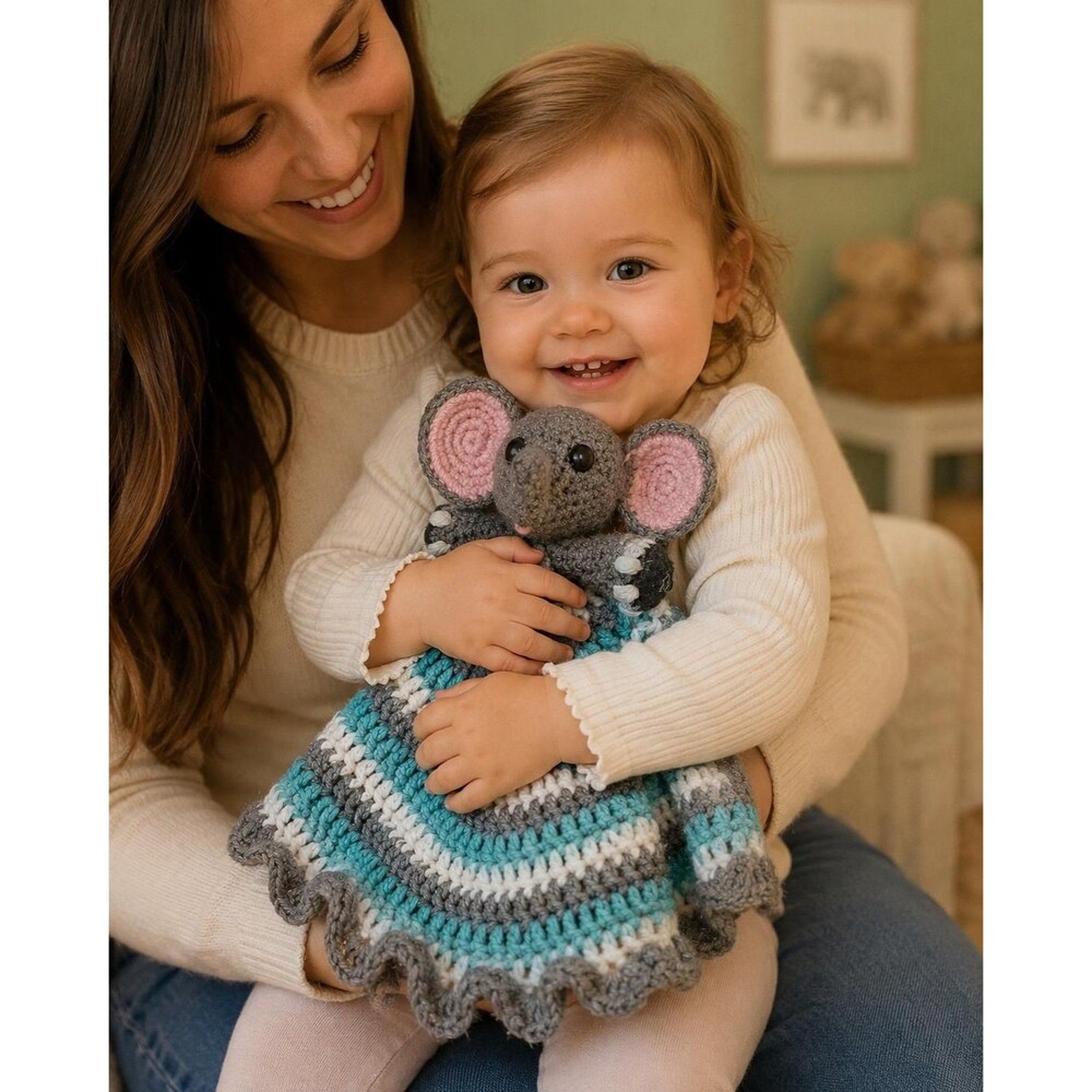 Handmade Crochet Elephant Lovey Gray Aqua White Lovey